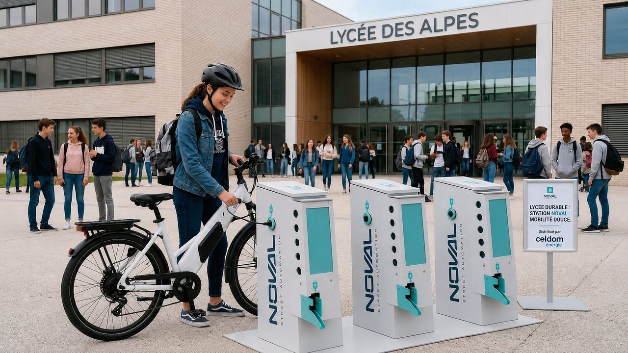 Station vélo CELDOM NOVAL CYPARK devant un lycée — stationnement sécurisé et recharge VAE pour les élèves et le personnel scolaire
