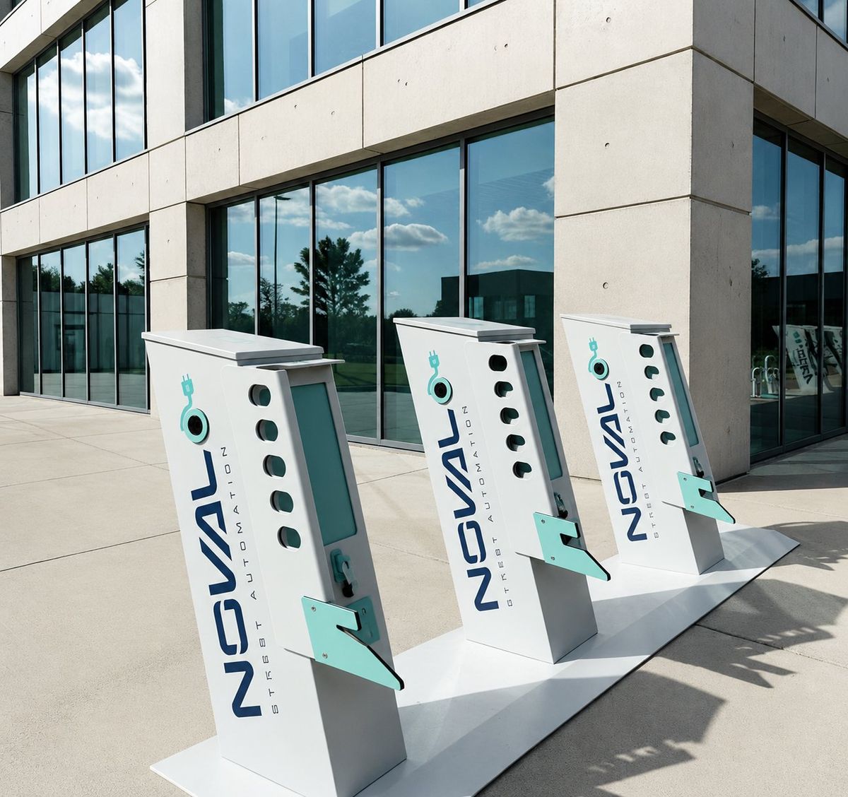 Station vélo CELDOM NOVAL CYPARK devant un bâtiment d'entreprise — service mobilité pour les collaborateurs