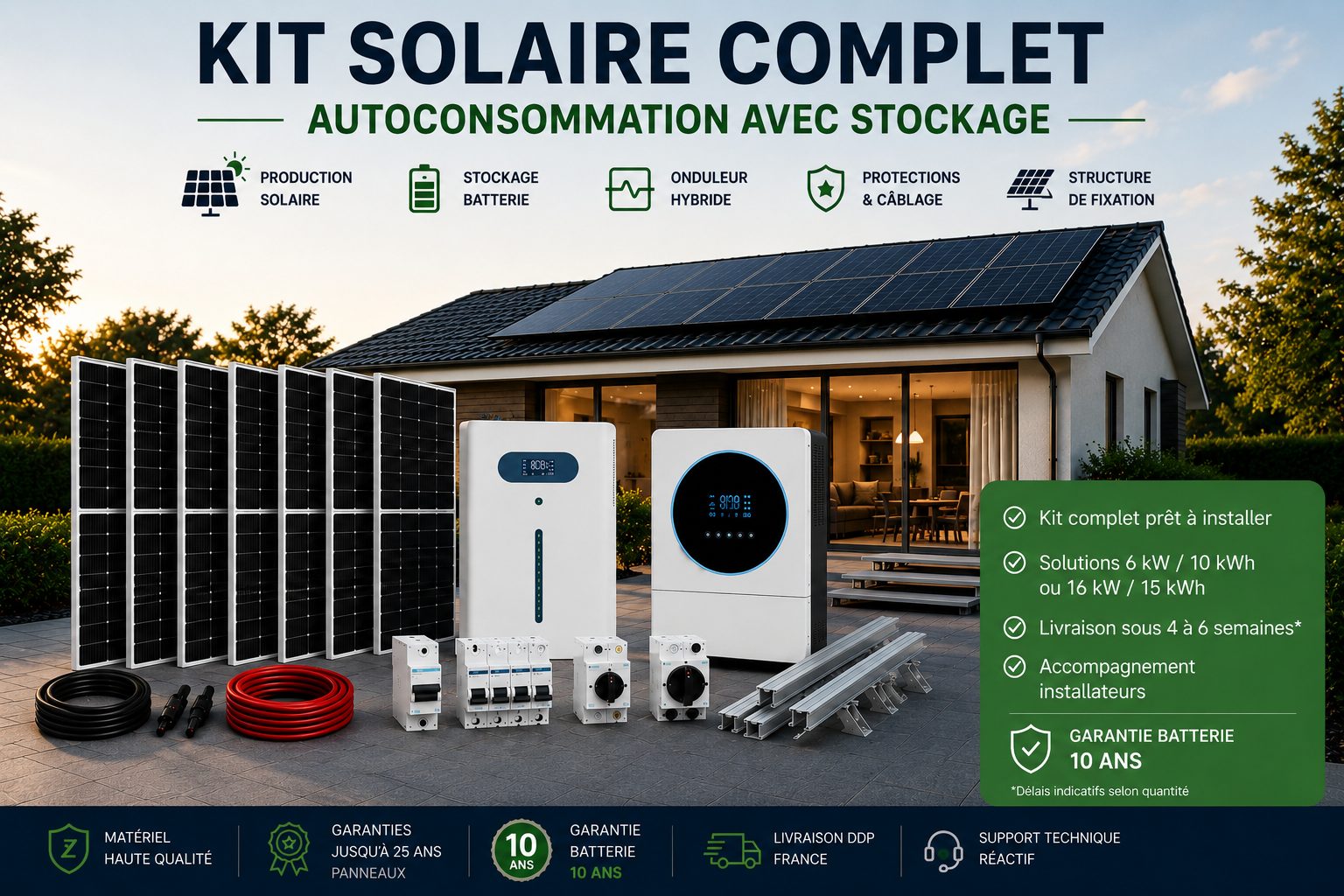 Kits solaires complets CELDOM Énergie — autoconsommation avec stockage, solutions 6 kW / 10 kWh et 16 kW / 15 kWh